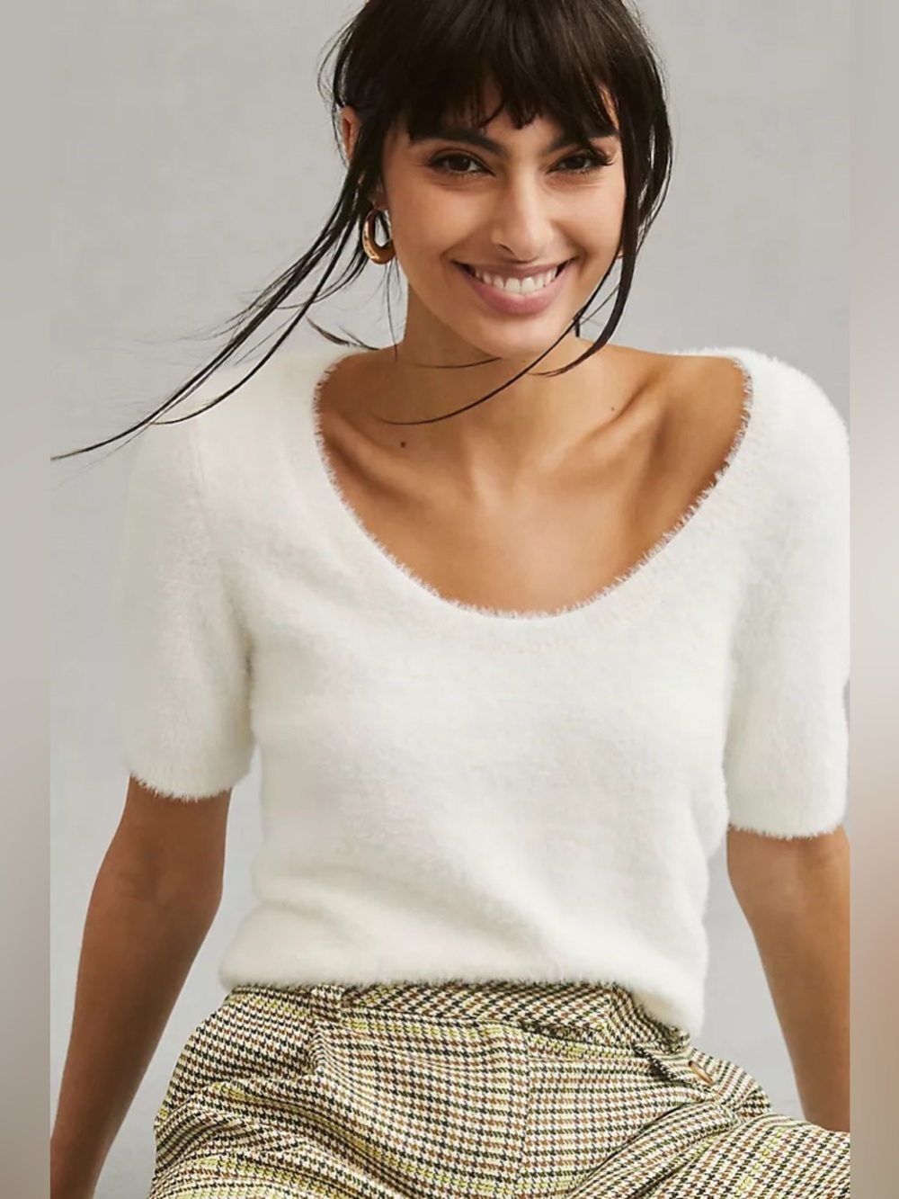 Anthropologie Maeve Scoop Neck Eyelash Sweater Tee White Fuzzy Short-Sleeve Sz S